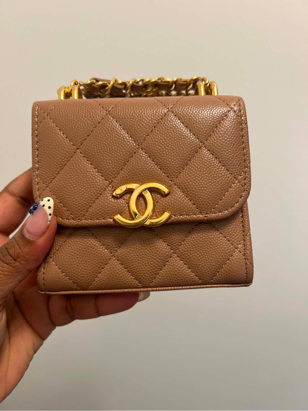 CHANEL Quilted Mini Wallet-on-Chain in Taupe with Gold Hardware